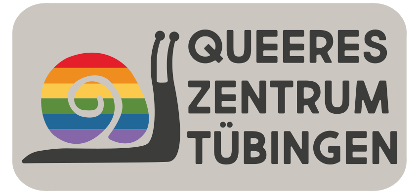Logo des Queeren Zentrum Tübingens: Eine stilisierte Schnecke mit regenobogenfarbenem Haus, daneben der Text Queeres Zentrum Tübingen